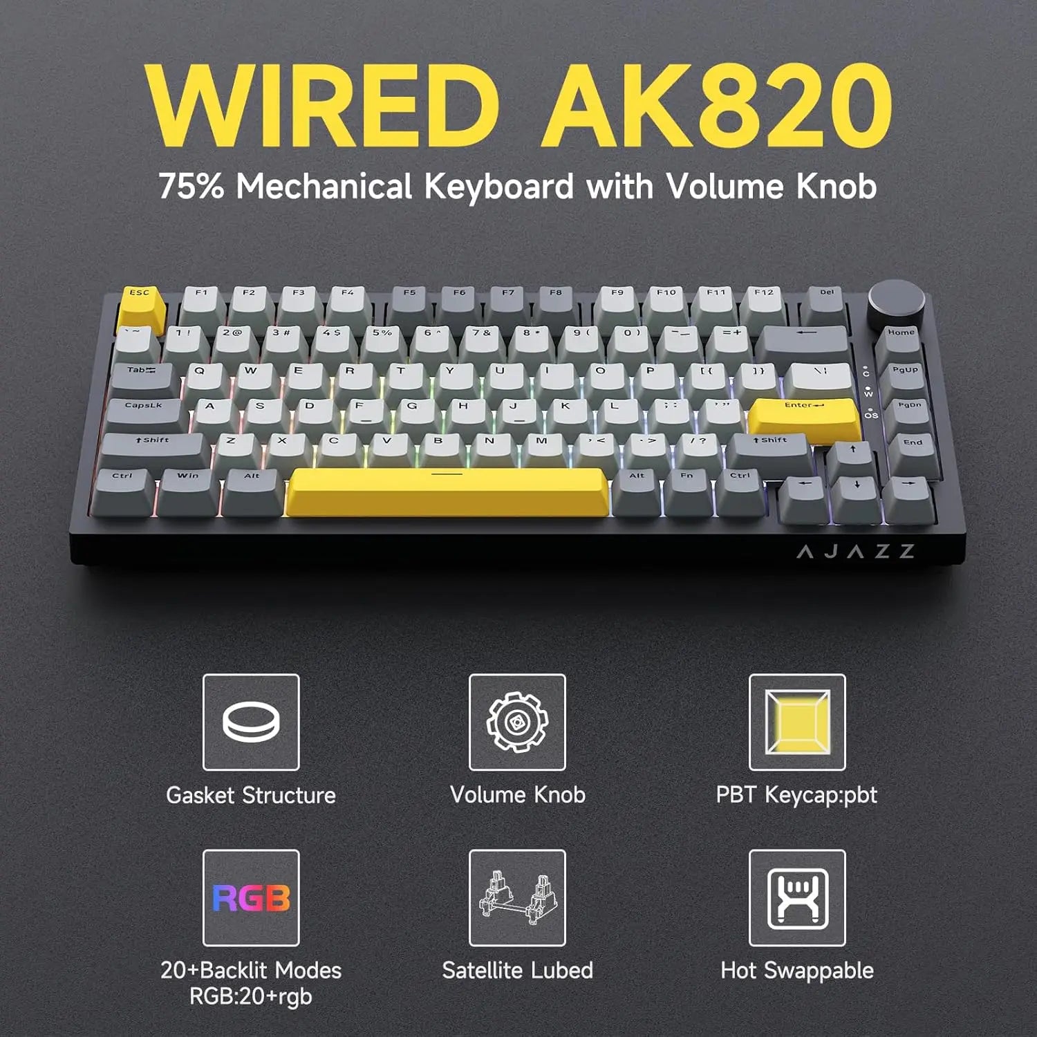 AJAZZ AK820 Wired Mechanical Gaming Keyboard – RGB, Hot-Swappable & 75% Layout