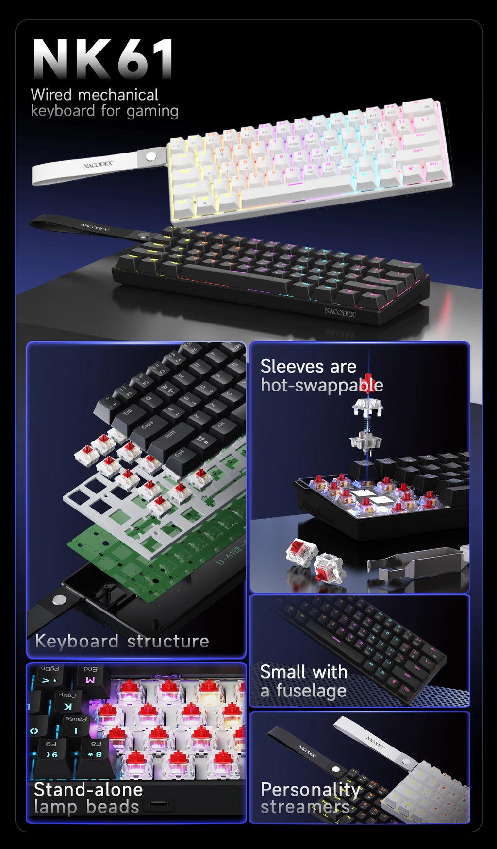 AJAZZ NK61 RGB Mechanical Gaming Keyboard – 61 Keys, Hot-Swappable