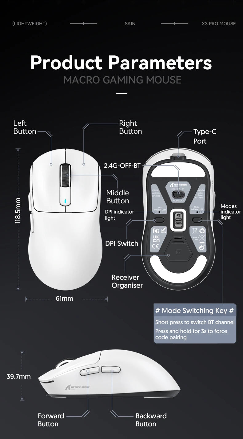 Attack Shark X3 Pro Wireless Gaming Mouse – 26,000 DPI | PAW3395 | Tri-Mode