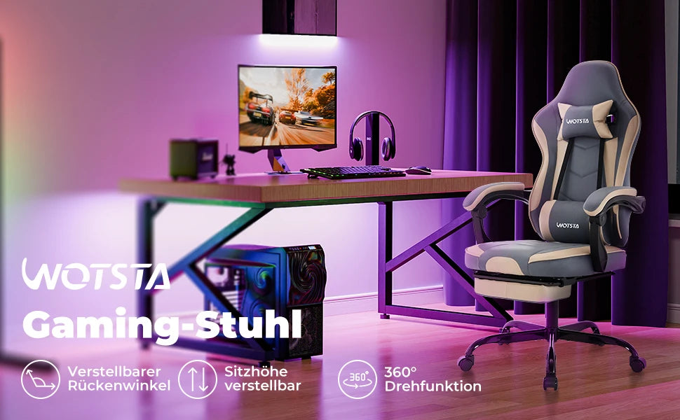 WOTSTA Ergonomisk Gamingstol med Fotstöd – Justerbar, Nack- & Ländryggsstöd