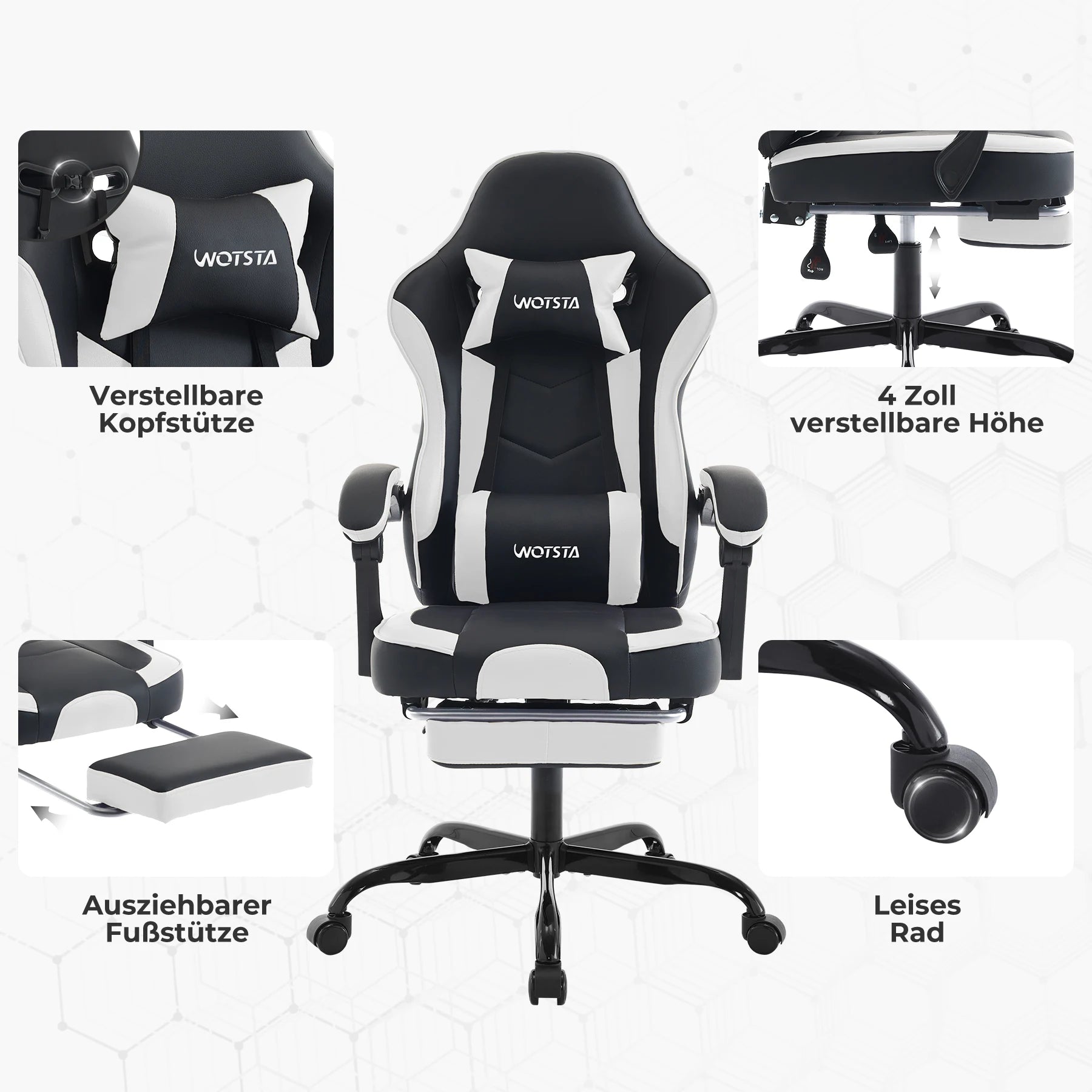 WOTSTA Ergonomisk Gamingstol med Fotstöd – Justerbar, Nack- & Ländryggsstöd
