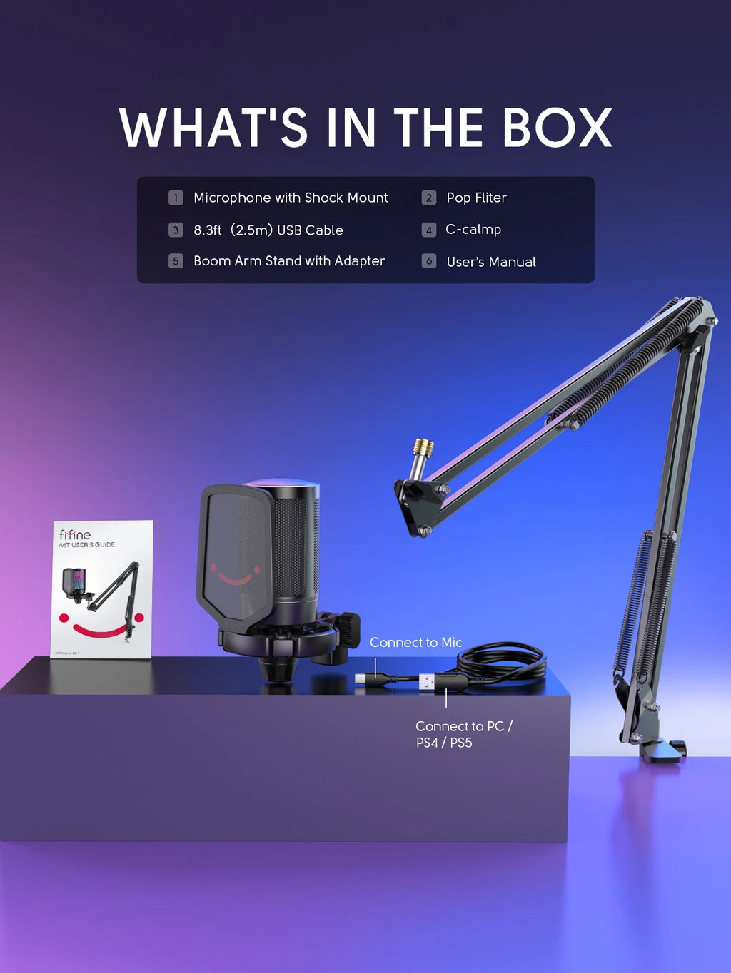 FIFINE A6T RGB USB Gaming Microphone Kit – Premium Condenser Microphone with Boom Arm | Touch Mute | Cardioid