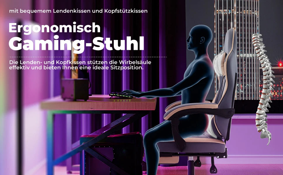WOTSTA Ergonomisk Gamingstol med Fotstöd – Justerbar, Nack- & Ländryggsstöd