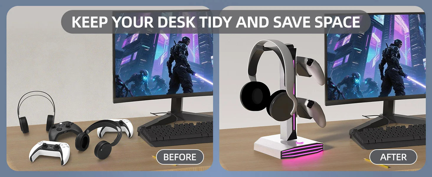 🎮 RGB Gaming Headset & Controller Stand with USB & USB-C Charging