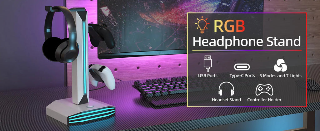 🎮 RGB Gaming Headset & Controller Stand with USB & USB-C Charging