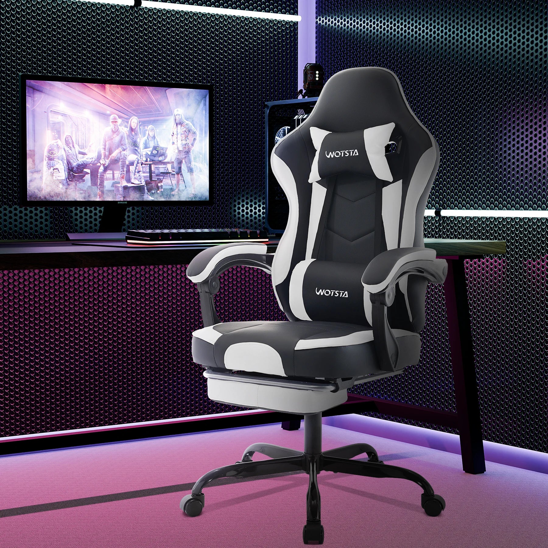 WOTSTA Ergonomisk Gamingstol med Fotstöd – Justerbar, Nack- & Ländryggsstöd