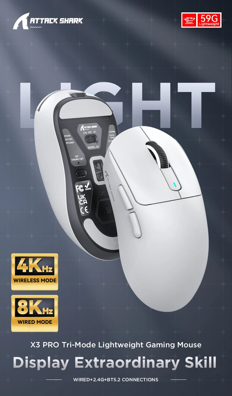 Attack Shark X3 Pro Wireless Gaming Mouse – 26,000 DPI | PAW3395 | Tri-Mode
