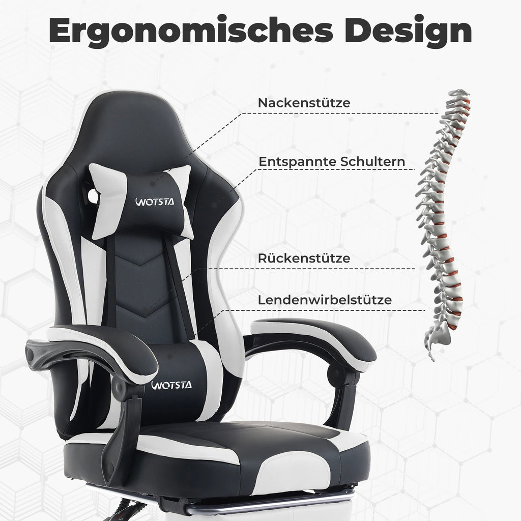 WOTSTA Ergonomisk Gamingstol med Fotstöd – Justerbar, Nack- & Ländryggsstöd