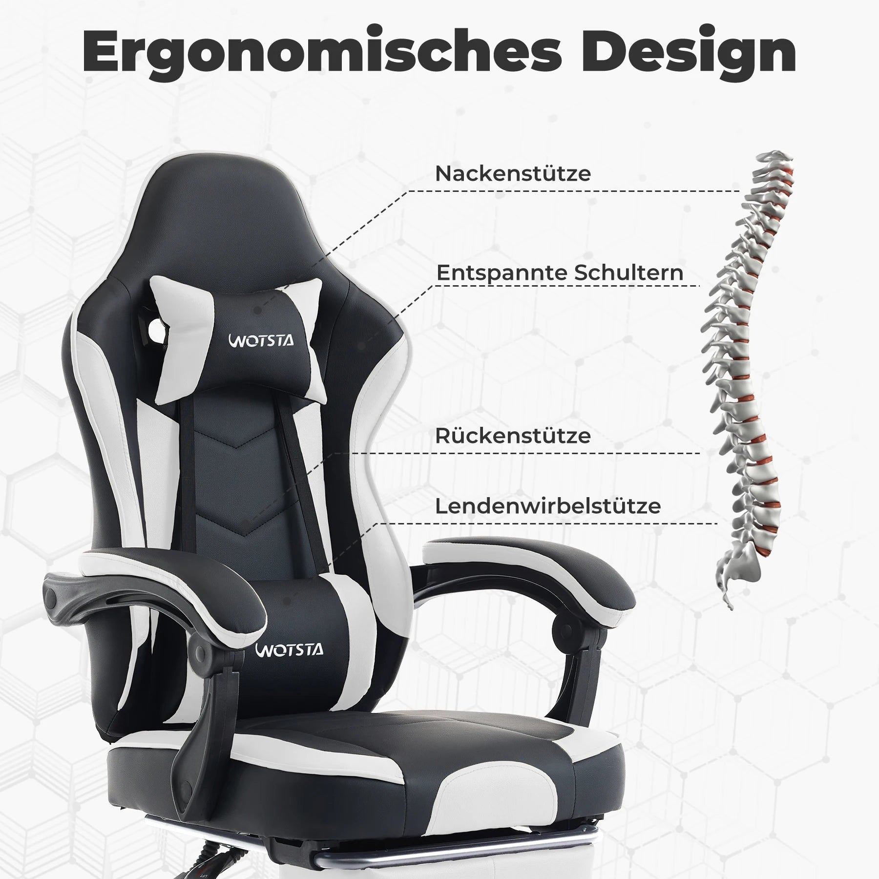 WOTSTA Ergonomisk Gamingstol med Fotstöd – Justerbar, Nack- & Ländryggsstöd