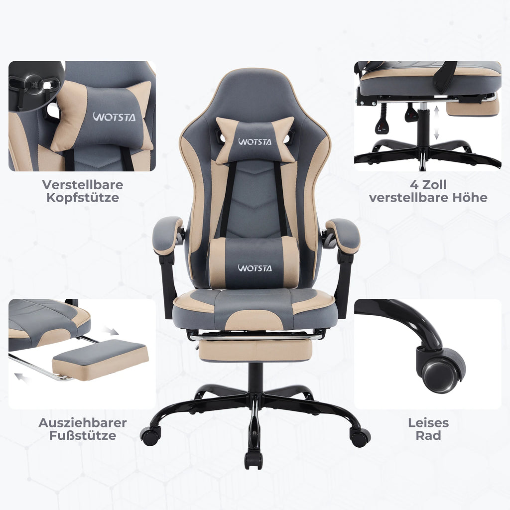 WOTSTA Ergonomisk Gamingstol med Fotstöd – Justerbar, Nack- & Ländryggsstöd