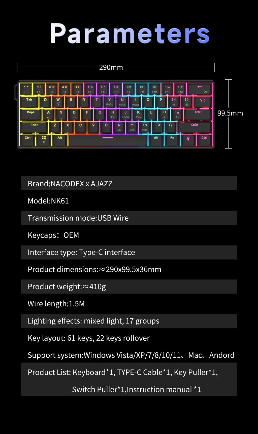 AJAZZ NK61 RGB Mechanical Gaming Keyboard – 61 Keys, Hot-Swappable