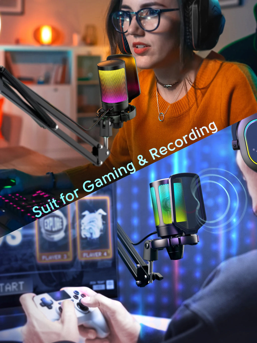 FIFINE A6T RGB USB Gaming Microphone Kit – Premium Condenser Microphone with Boom Arm | Touch Mute | Cardioid