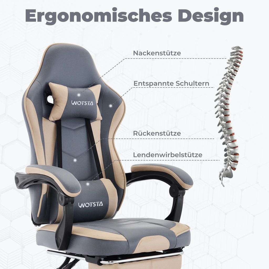 WOTSTA Ergonomisk Gamingstol med Fotstöd – Justerbar, Nack- & Ländryggsstöd
