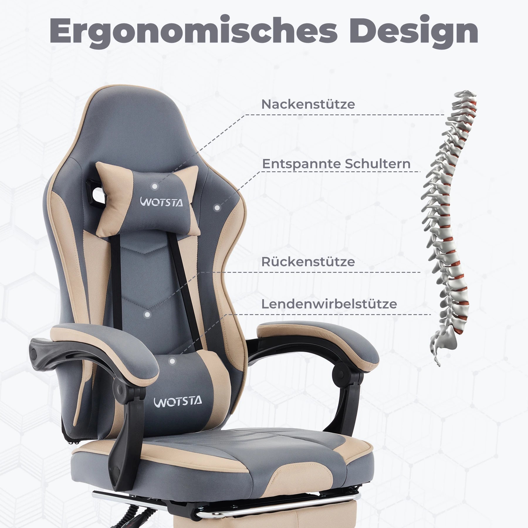 WOTSTA Ergonomisk Gamingstol med Fotstöd – Justerbar, Nack- & Ländryggsstöd