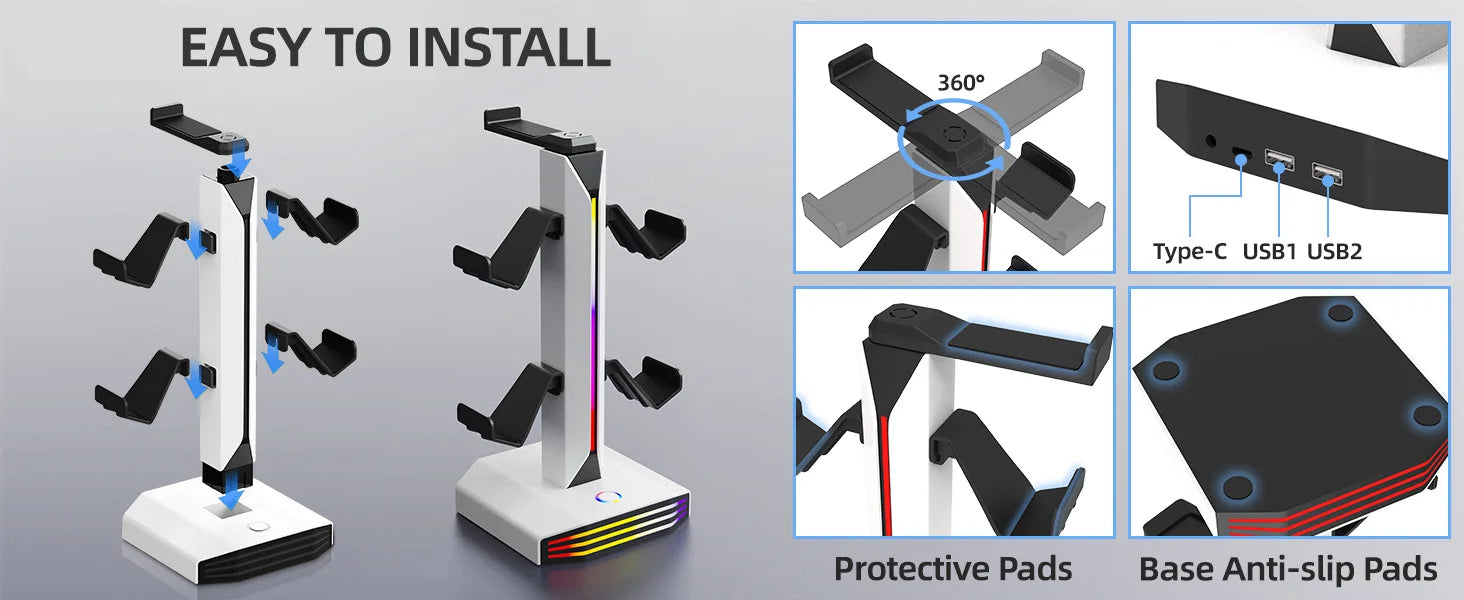 🎮 RGB Gaming Headset & Controller Stand with USB & USB-C Charging