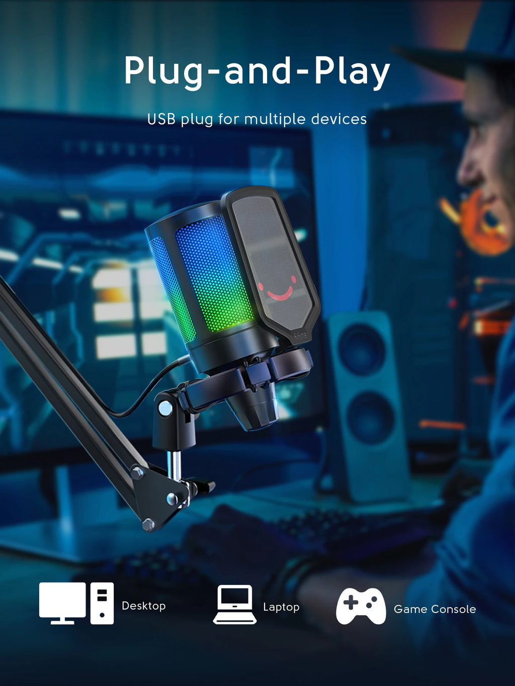 FIFINE A6T RGB USB Gaming Microphone Kit – Premium Condenser Microphone with Boom Arm | Touch Mute | Cardioid