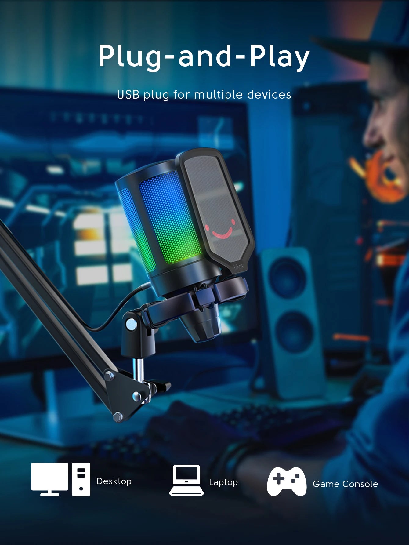 FIFINE A6T RGB USB Gaming Microphone Kit – Premium Condenser Microphone with Boom Arm | Touch Mute | Cardioid