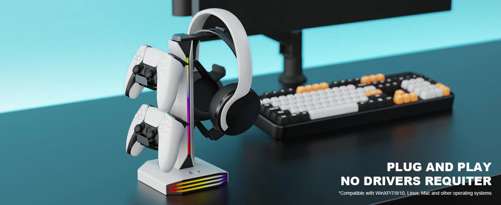 🎮 RGB Gaming Headset & Controller Stand with USB & USB-C Charging