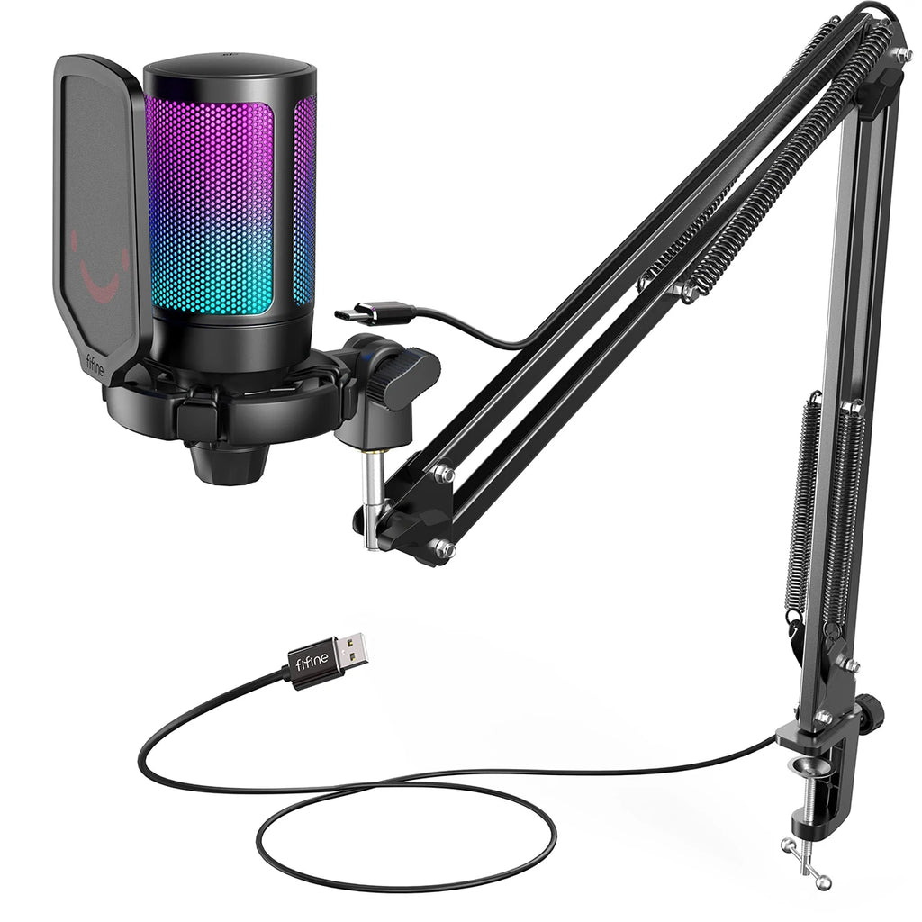 FIFINE A6T RGB USB Gaming Microphone Kit – Premium Condenser Microphone with Boom Arm | Touch Mute | Cardioid